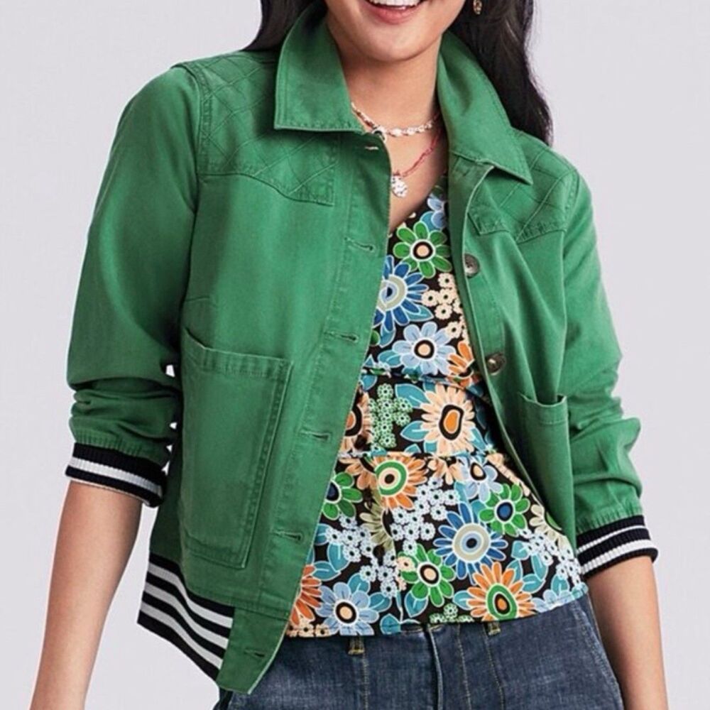 CAbi Mod Bomber Jacket Women XL Green Quilted Twill Striped Ribbed Hem Varsity